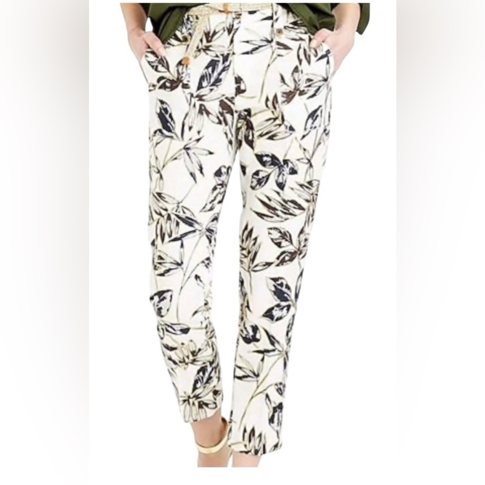 J. Crew Women's Garden Pant Cropped Gold Foil Leaf‎ 100% Linen Size 00